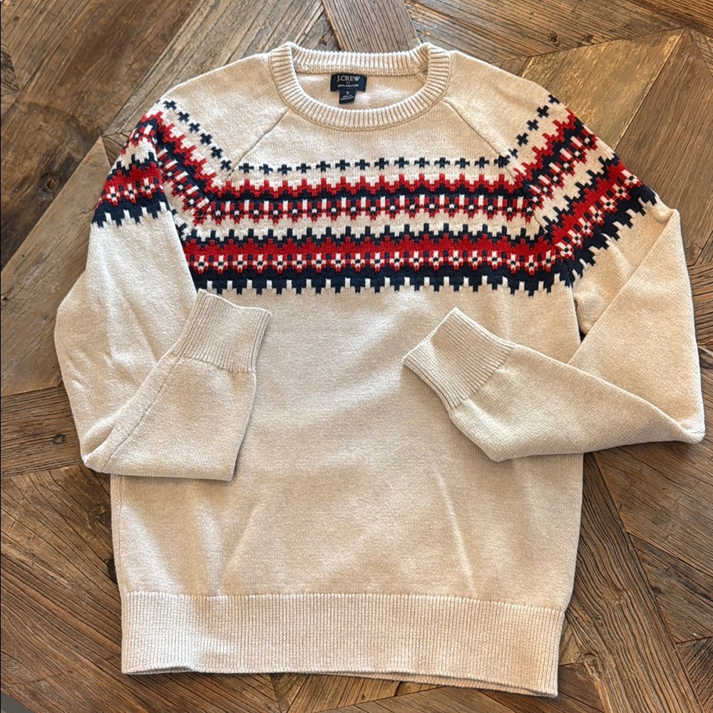 J. Crew Men's Tan Sweater with Red and Black Design